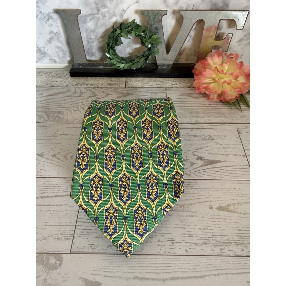Paul Fredrick Silk Tie 4" Wide Green Blue Gold Ornate Medallion Classic Executiv - Picture 16 of 16